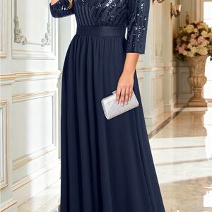 NWT Elegant Navy Blue Sequin Evening Gown